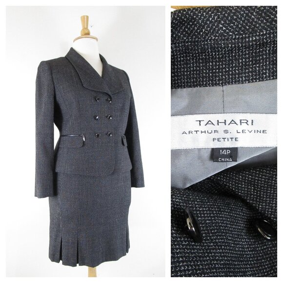 Tahari Womens Plus Size Petite Gray Tweed Skirt Suit 14P Formal Business Career - Picture 1 of 9